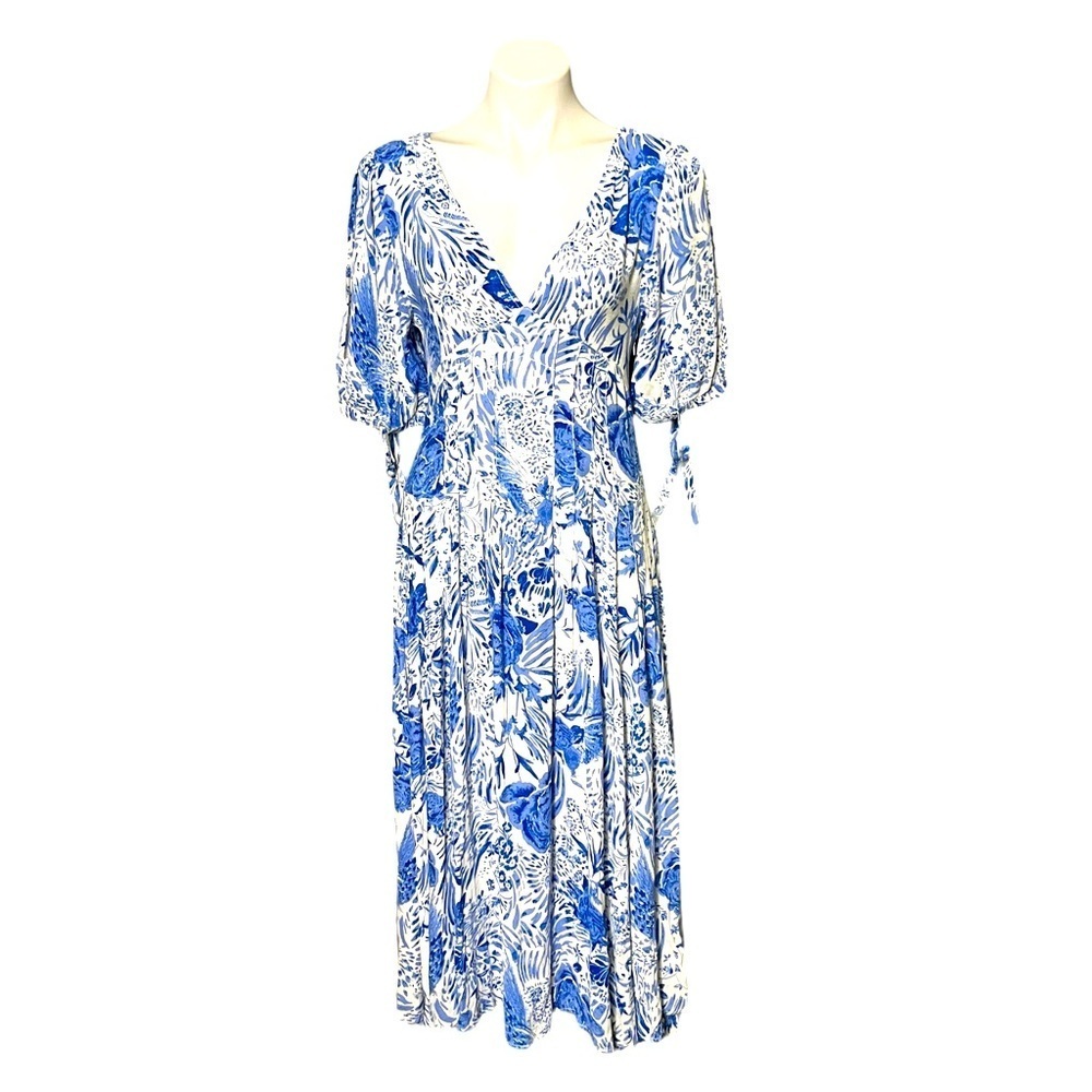 Free People Forever Always Floral Midi Dress Size 6 Blue/White